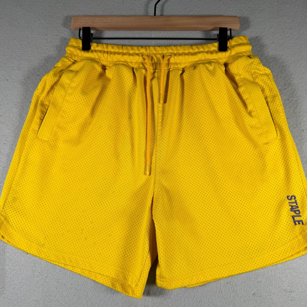 Staple Pigeon Mens XL Mesh Basketball Shorts Yellow Drawstring Streetwear Logo